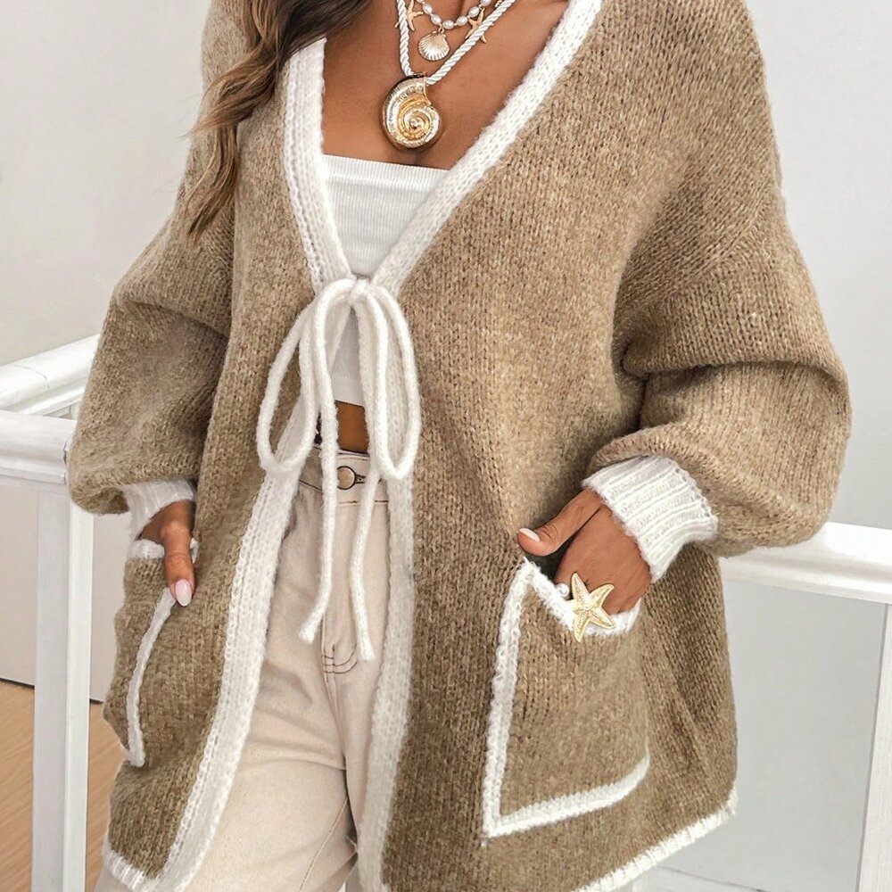 Khaki Casual Women's Loose Fit V-Neck Long Sleeve Cardigan - Picture 7 of 7